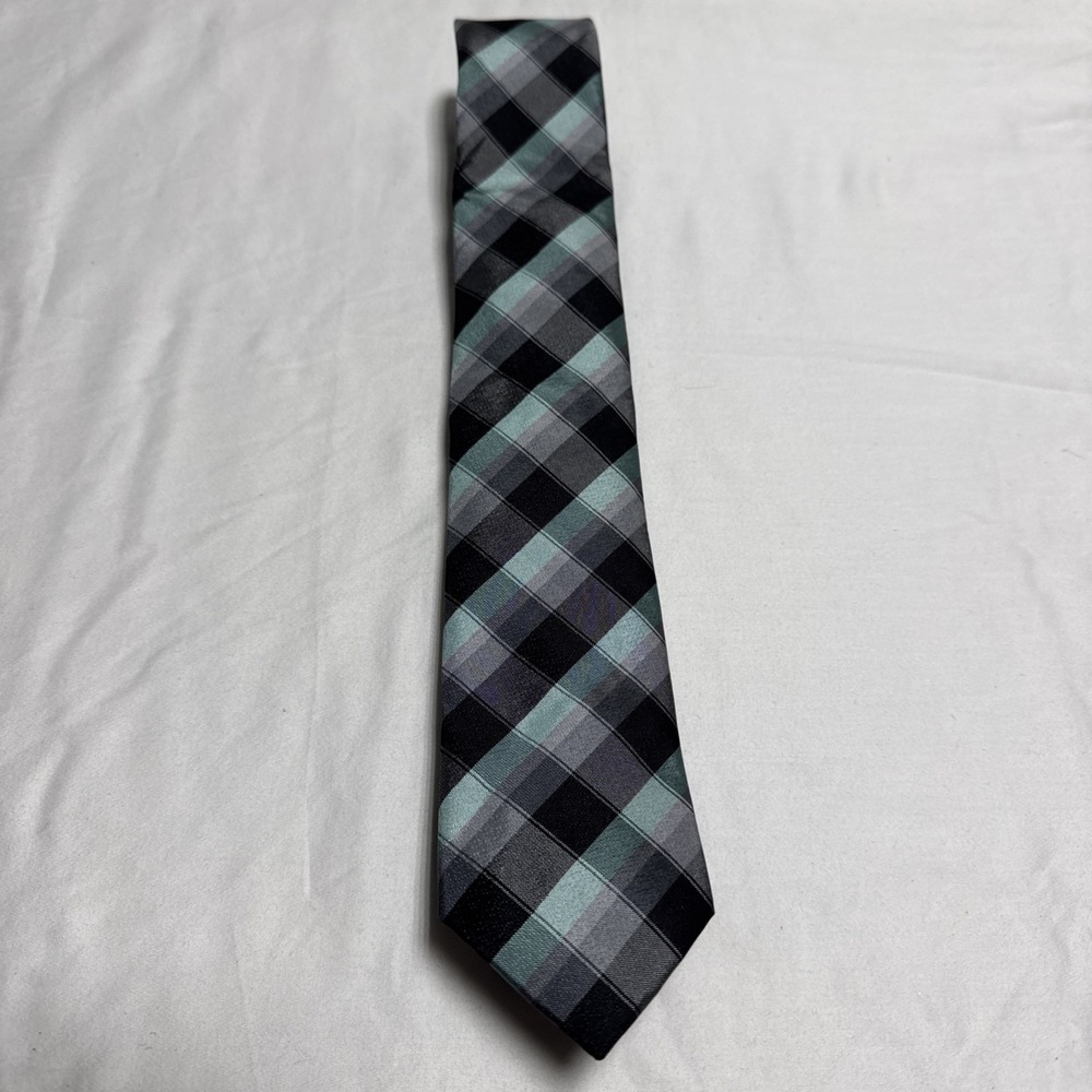 J Ferrar Tie Black Mint Plaid 100% Polyester